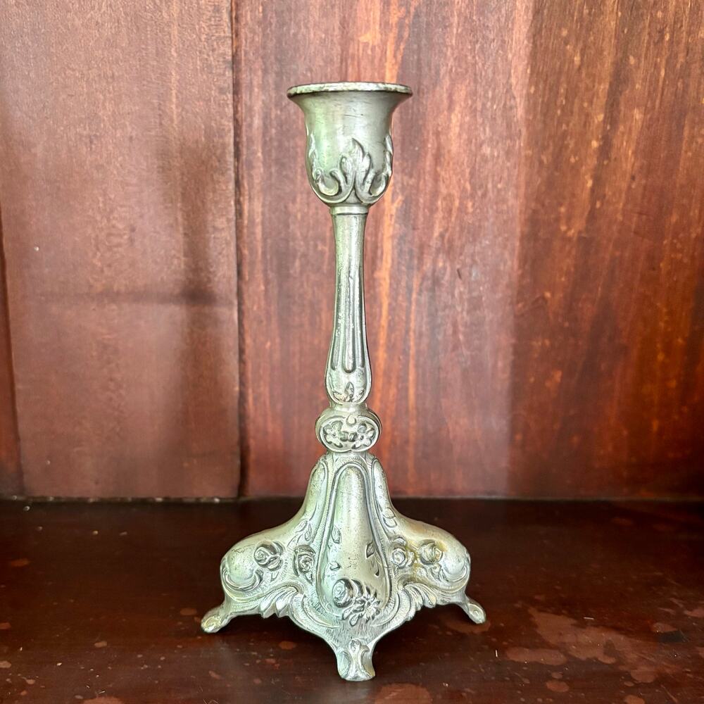 Vintage Ornate Silver Toned Candlestick 6.5 inches Art Decor, Shabby Chic, MCM